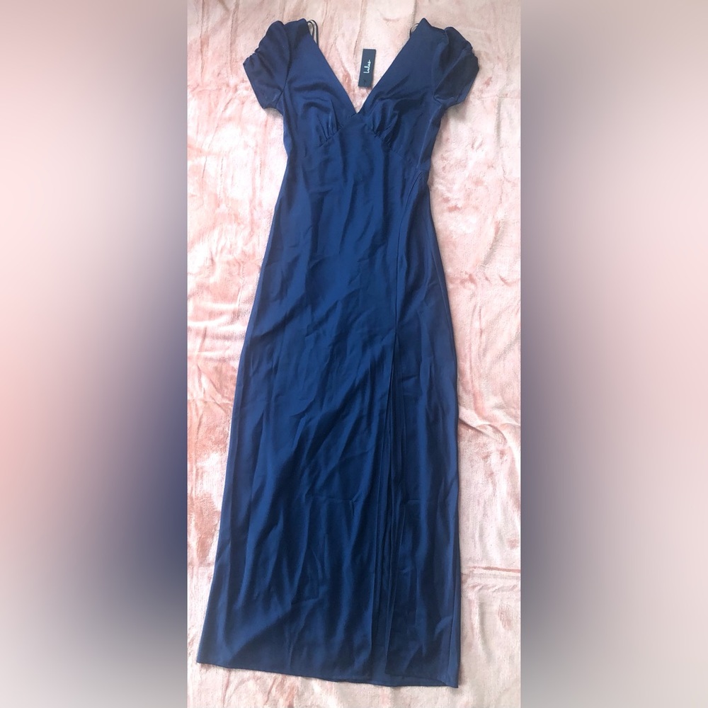 Lulus Epitome Of Romance Satin Puff Sleeve High Slit Maxi Dress Blue M NWT